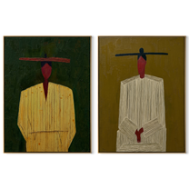 Green Suits Wait Apart - minimal suited figures by Elliot Vale, modern figurative set of 2 wall art - complete two-panel artwork set on white background