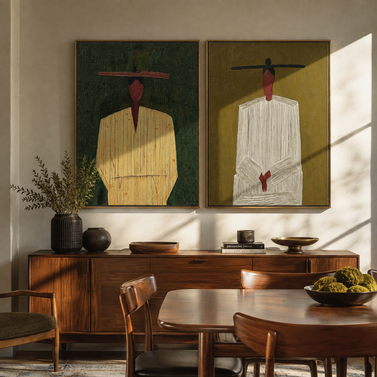 Green Suits Wait Apart - minimal suited figures by Elliot Vale, modern figurative set of 2 wall art - styled room scene view 2