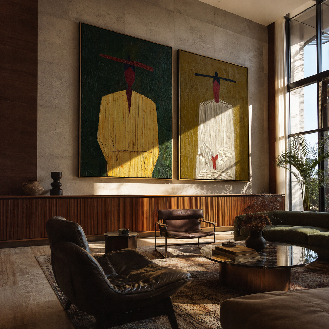 Green Suits Wait Apart - minimal suited figures by Elliot Vale, modern figurative set of 2 wall art - styled room scene view 3