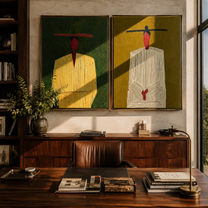 Green Suits Wait Apart - minimal suited figures by Elliot Vale, modern figurative set of 2 wall art - styled room scene view 4