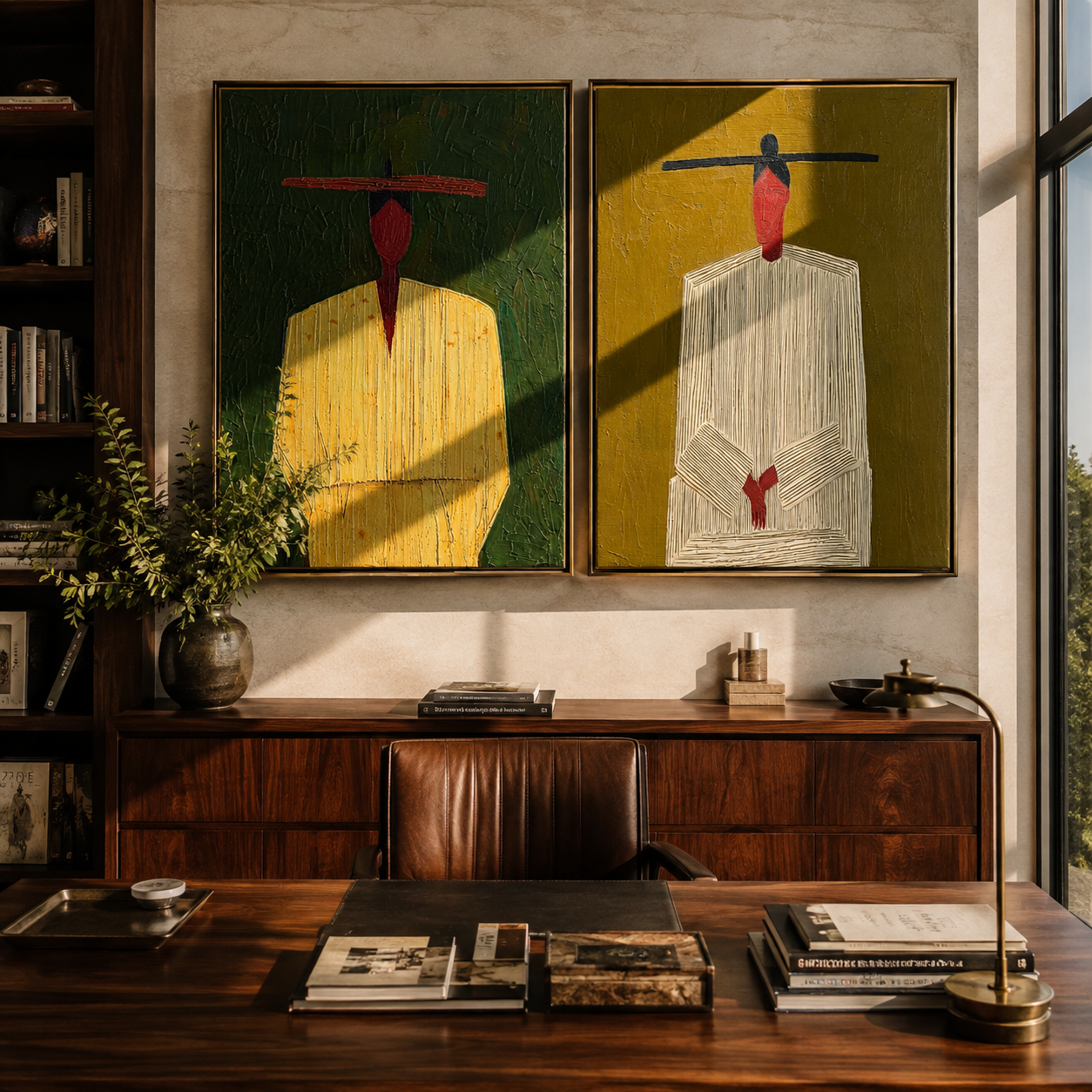 Green Suits Wait Apart - minimal suited figures by Elliot Vale, modern figurative set of 2 wall art - styled room scene view 4