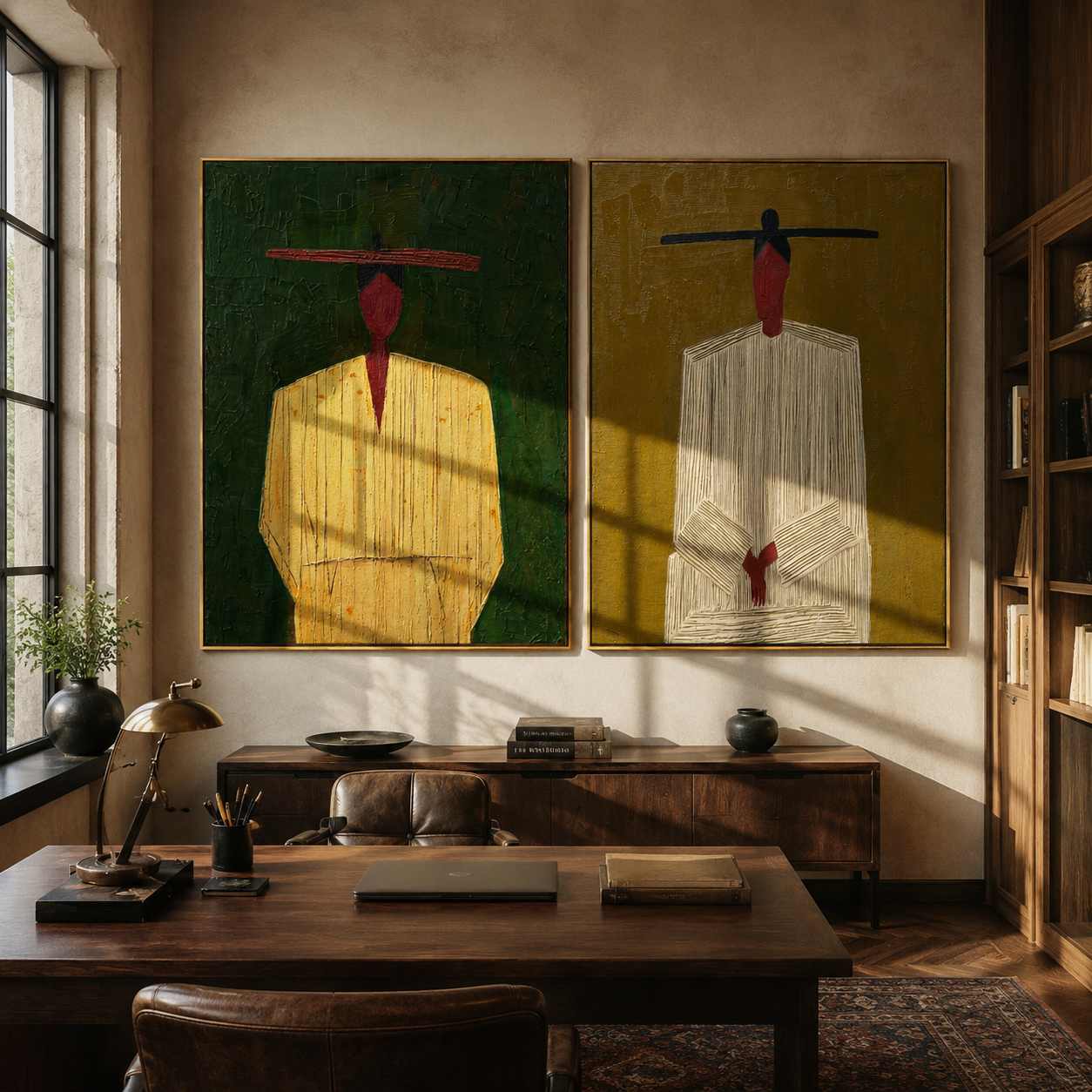 Green Suits Wait Apart - minimal suited figures by Elliot Vale, modern figurative set of 2 wall art - styled room scene view 5