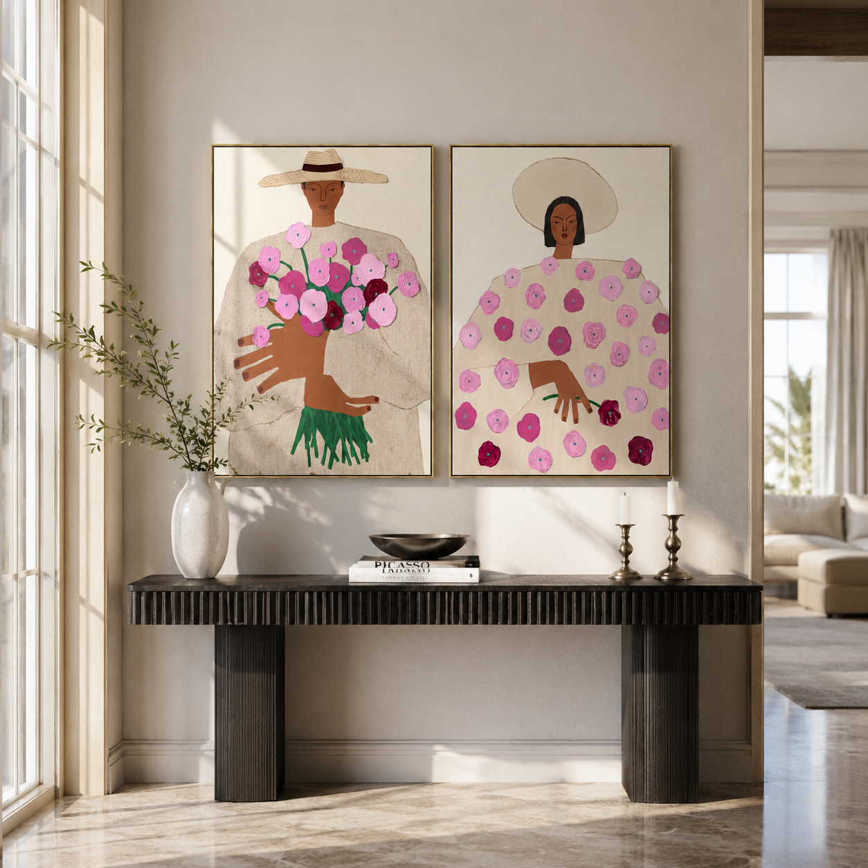 Flowers Gather Between Hands - woman flower portrait by Elliot Vale, modern figurative set of 2 wall art - styled room scene view 1