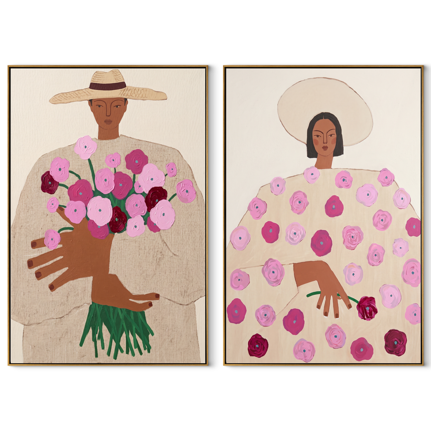Flowers Gather Between Hands - woman flower portrait by Elliot Vale, modern figurative set of 2 wall art - complete two-panel artwork set on white background