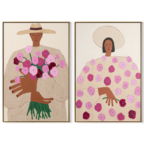 Flowers Gather Between Hands - woman flower portrait by Elliot Vale, modern figurative set of 2 wall art - complete two-panel artwork set on white background