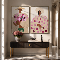 Flowers Gather Between Hands - woman flower portrait by Elliot Vale, modern figurative set of 2 wall art - styled room scene view 2