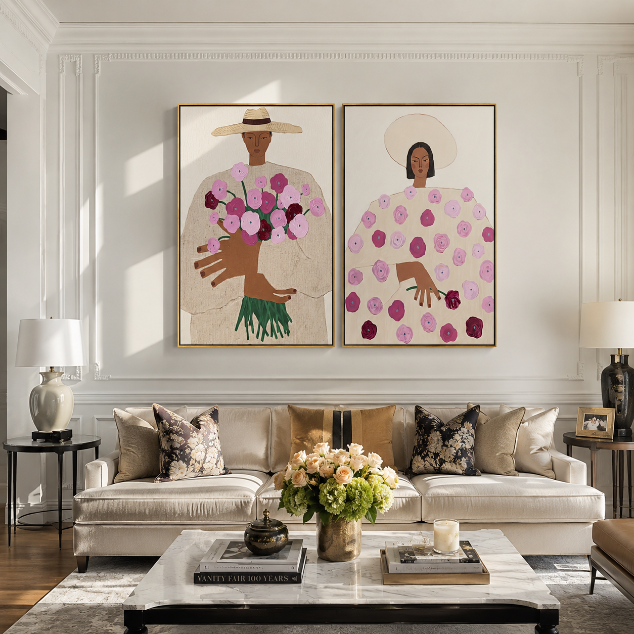 Flowers Gather Between Hands - woman flower portrait by Elliot Vale, modern figurative set of 2 wall art - styled room scene view 3