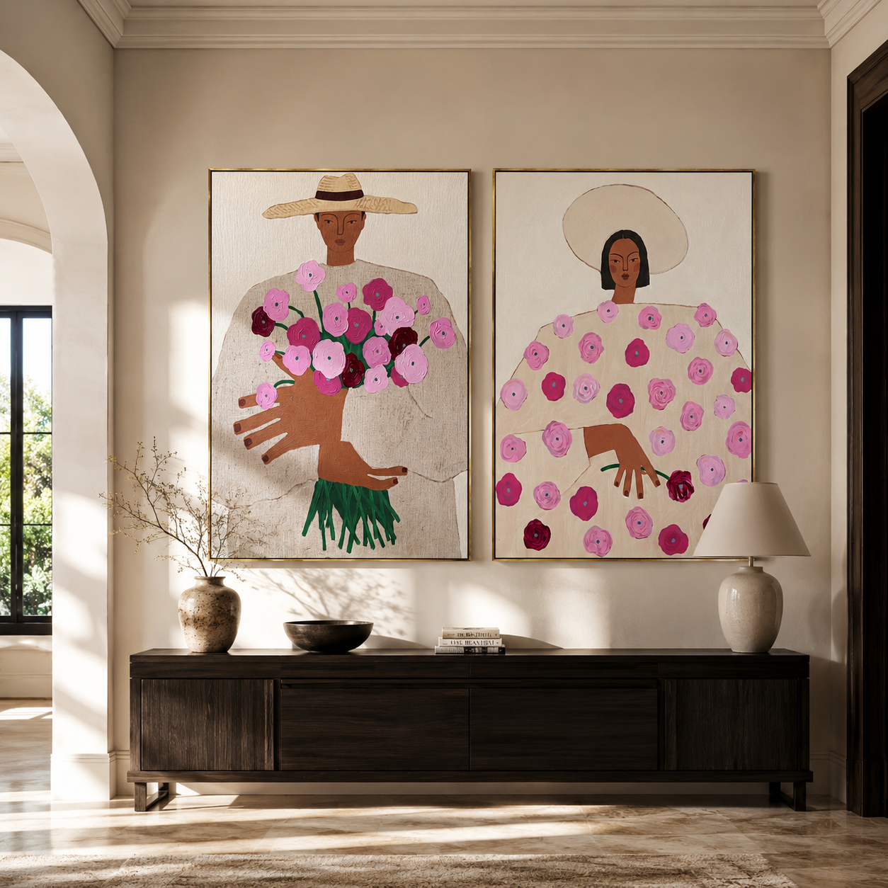 Flowers Gather Between Hands - woman flower portrait by Elliot Vale, modern figurative set of 2 wall art - styled room scene view 5