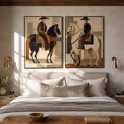 Riders Balance Black White - geometric horseback pair by Elliot Vale, modern figurative set of 2 wall art - styled room scene view 1