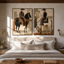 Riders Balance Black White - geometric horseback pair by Elliot Vale, modern figurative set of 2 wall art - styled room scene view 1