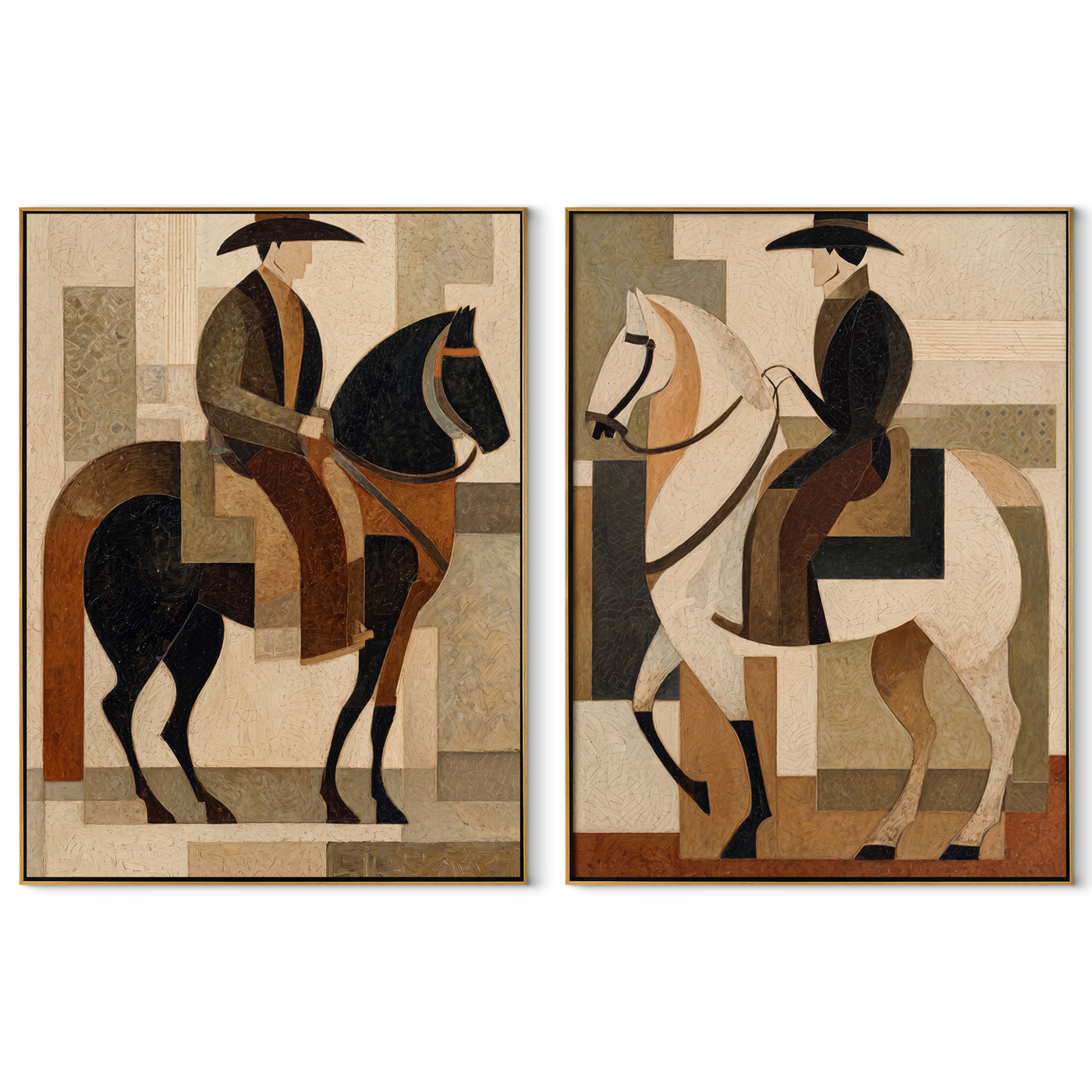 Riders Balance Black White - geometric horseback pair by Elliot Vale, modern figurative set of 2 wall art - complete two-panel artwork set on white background