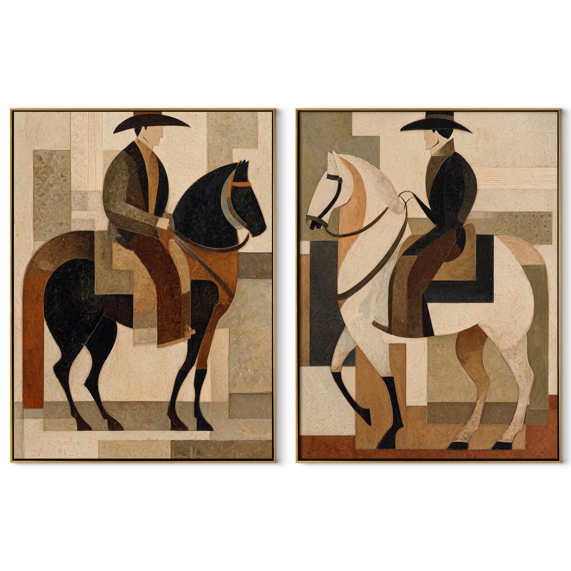 Riders Balance Black White - geometric horseback pair by Elliot Vale, modern figurative set of 2 wall art - complete two-panel artwork set on white background
