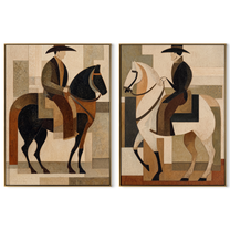 Riders Balance Black White - geometric horseback pair by Elliot Vale, modern figurative set of 2 wall art - complete two-panel artwork set on white background