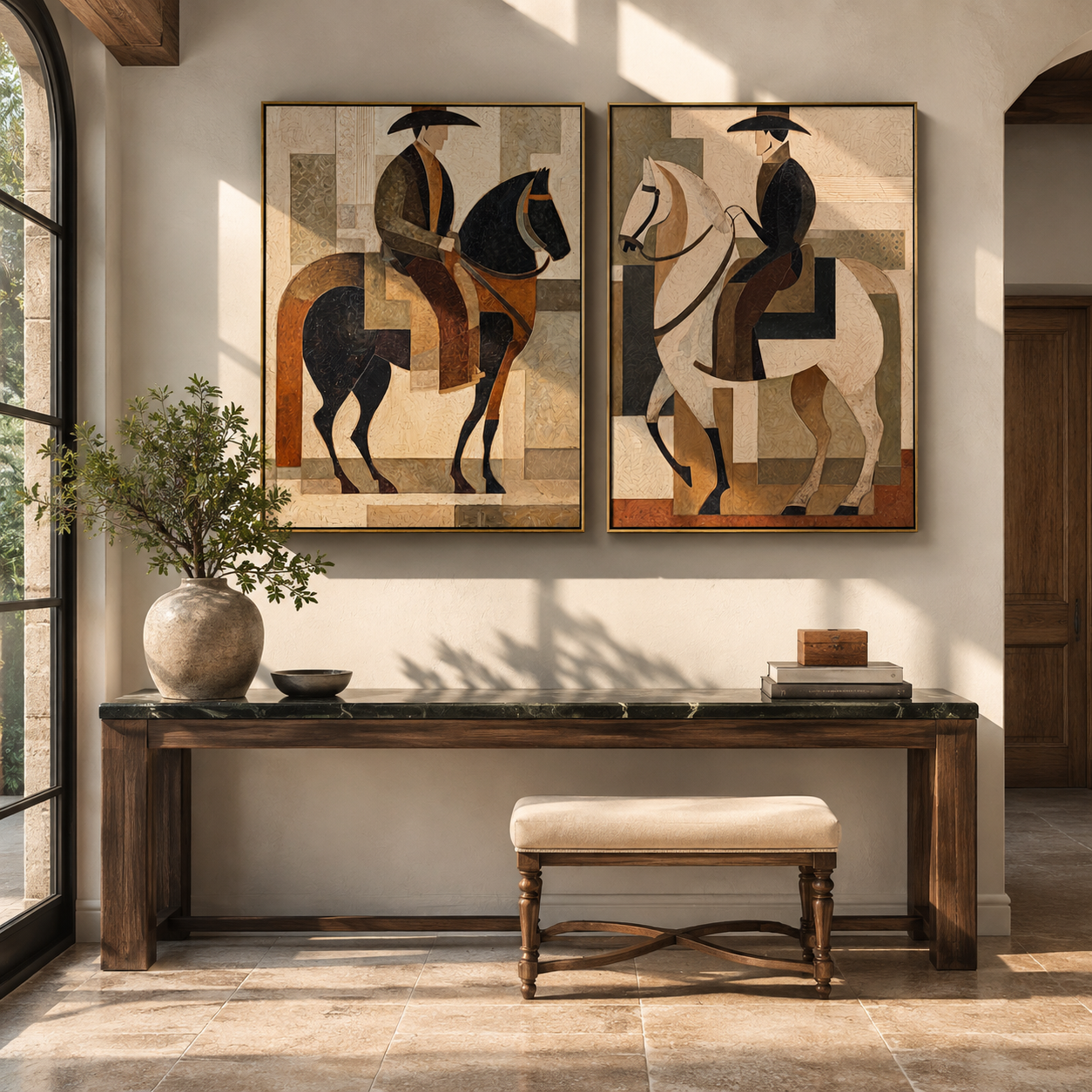 Riders Balance Black White - geometric horseback pair by Elliot Vale, modern figurative set of 2 wall art - styled room scene view 2