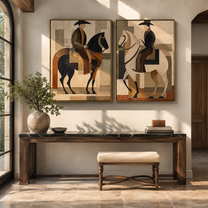 Riders Balance Black White - geometric horseback pair by Elliot Vale, modern figurative set of 2 wall art - styled room scene view 2