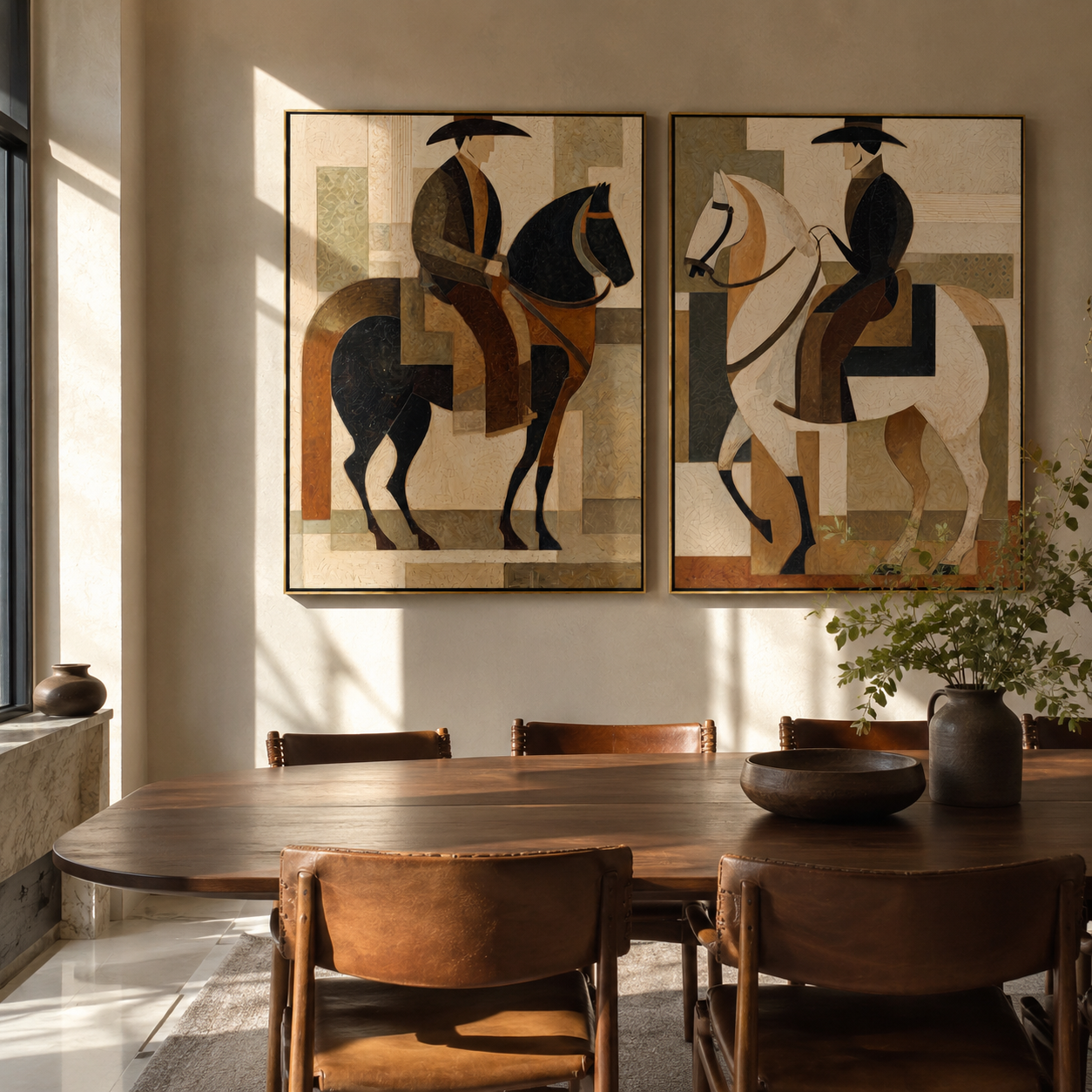 Riders Balance Black White - geometric horseback pair by Elliot Vale, modern figurative set of 2 wall art - styled room scene view 3
