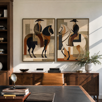 Riders Balance Black White - geometric horseback pair by Elliot Vale, modern figurative set of 2 wall art - styled room scene view 5