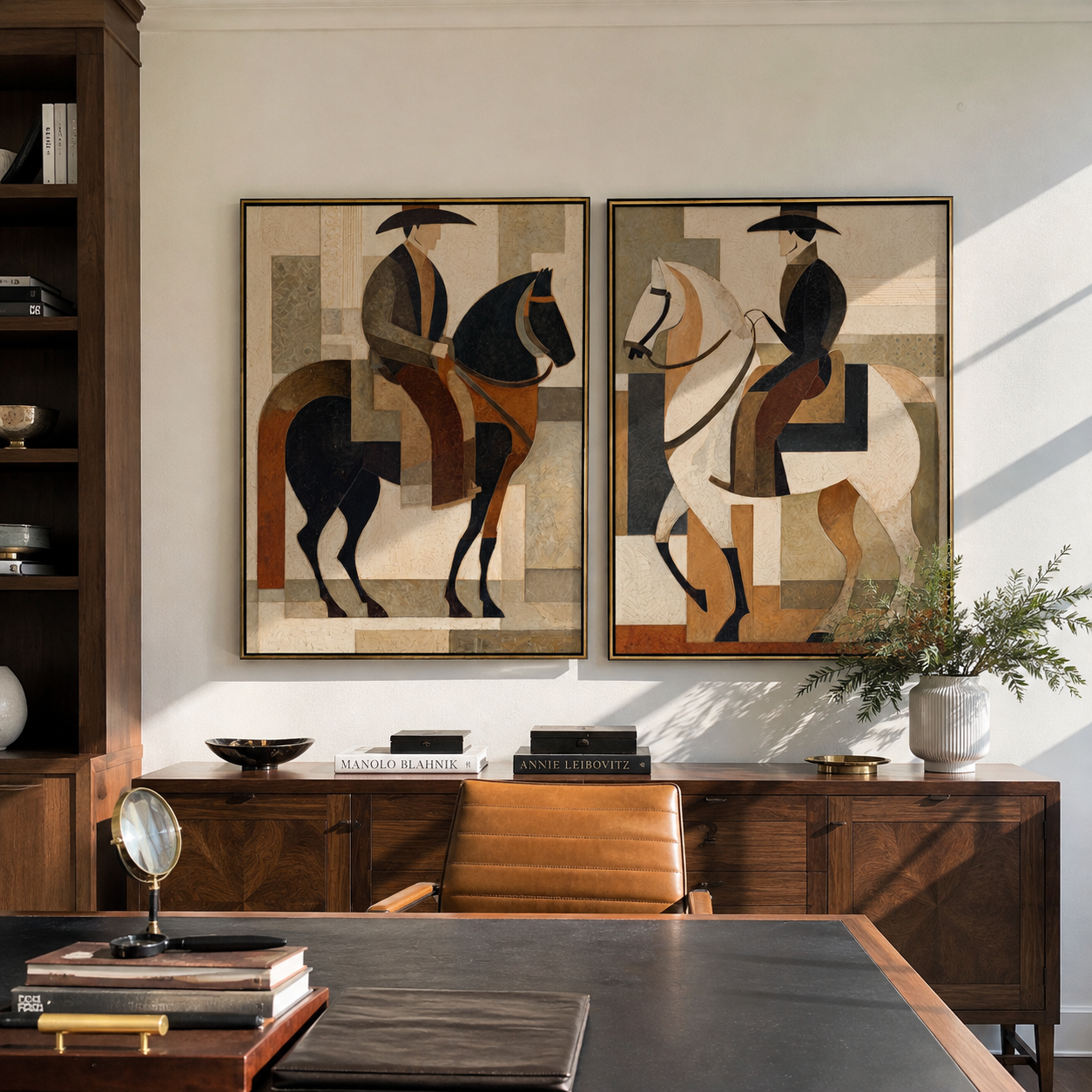 Riders Balance Black White - geometric horseback pair by Elliot Vale, modern figurative set of 2 wall art - styled room scene view 5