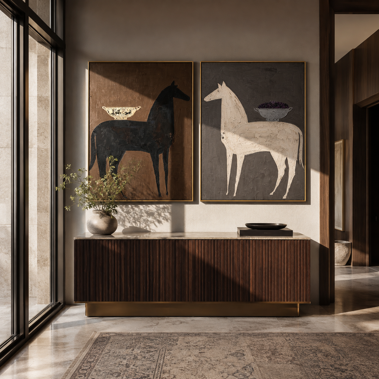 Bowl Horses Face Away - surreal horse still life by Elliot Vale, modern figurative set of 2 wall art - styled room scene view 1