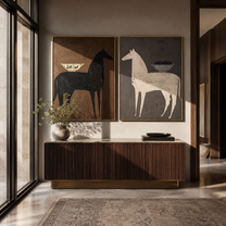 Bowl Horses Face Away - surreal horse still life by Elliot Vale, modern figurative set of 2 wall art - styled room scene view 1