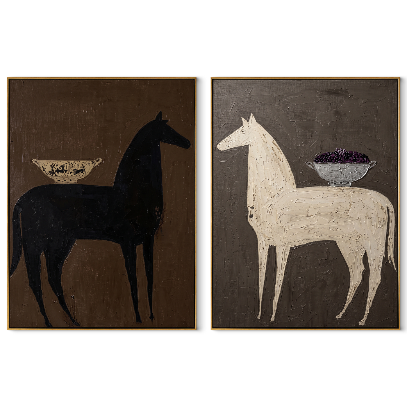 Bowl Horses Face Away - surreal horse still life by Elliot Vale, modern figurative set of 2 wall art - complete two-panel artwork set on white background