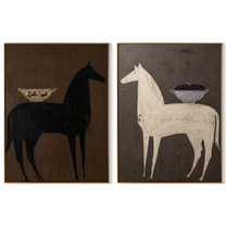Bowl Horses Face Away - surreal horse still life by Elliot Vale, modern figurative set of 2 wall art - complete two-panel artwork set on white background