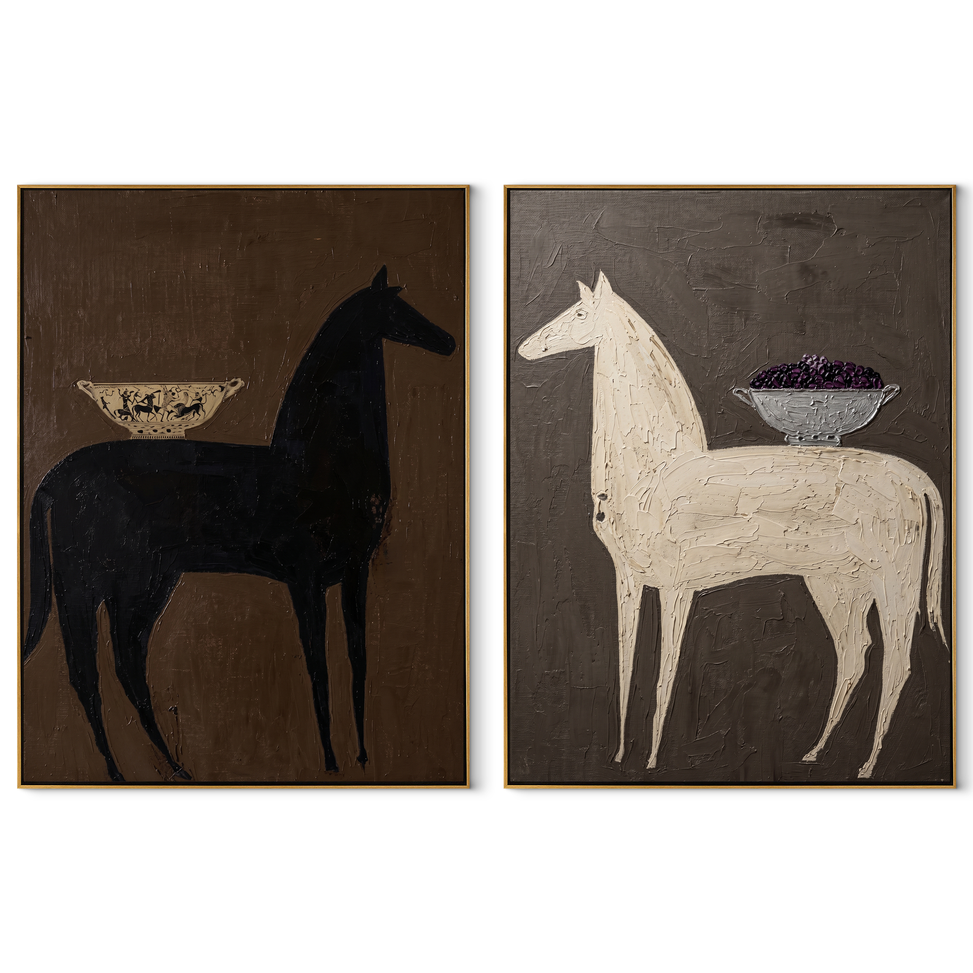 Bowl Horses Face Away - surreal horse still life by Elliot Vale, modern figurative set of 2 wall art - complete two-panel artwork set on white background
