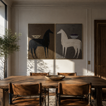 Bowl Horses Face Away - surreal horse still life by Elliot Vale, modern figurative set of 2 wall art - styled room scene view 2