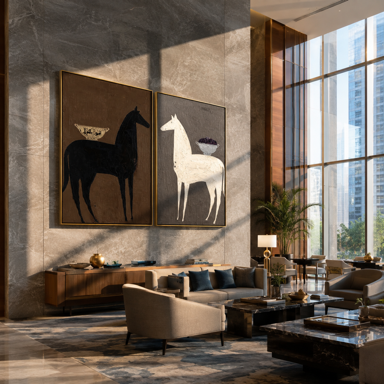 Bowl Horses Face Away - surreal horse still life by Elliot Vale, modern figurative set of 2 wall art - styled room scene view 3