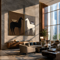 Bowl Horses Face Away - surreal horse still life by Elliot Vale, modern figurative set of 2 wall art - styled room scene view 3