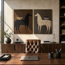 Bowl Horses Face Away - surreal horse still life by Elliot Vale, modern figurative set of 2 wall art - styled room scene view 4