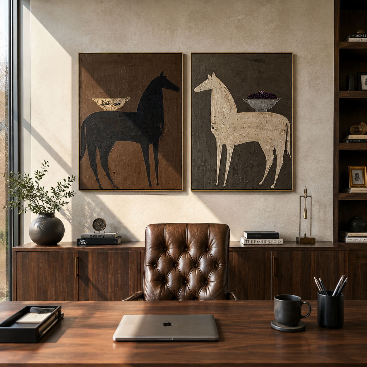 Bowl Horses Face Away - surreal horse still life by Elliot Vale, modern figurative set of 2 wall art - styled room scene view 4