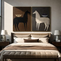 Bowl Horses Face Away - surreal horse still life by Elliot Vale, modern figurative set of 2 wall art - styled room scene view 5