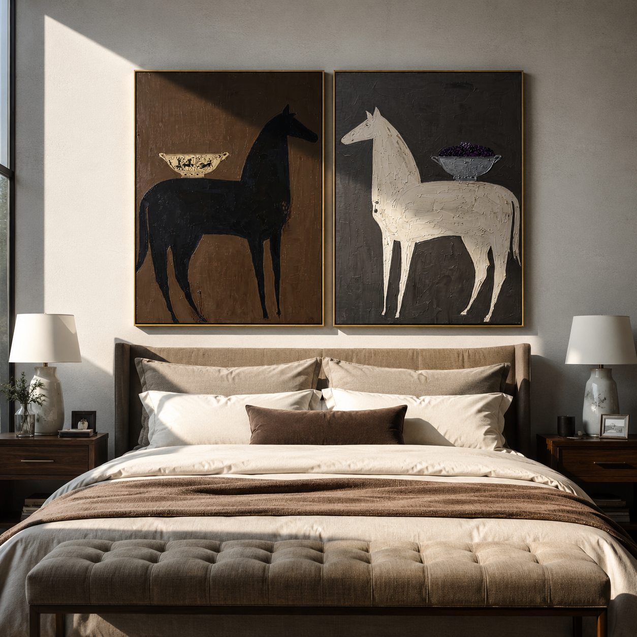 Bowl Horses Face Away - surreal horse still life by Elliot Vale, modern figurative set of 2 wall art - styled room scene view 5