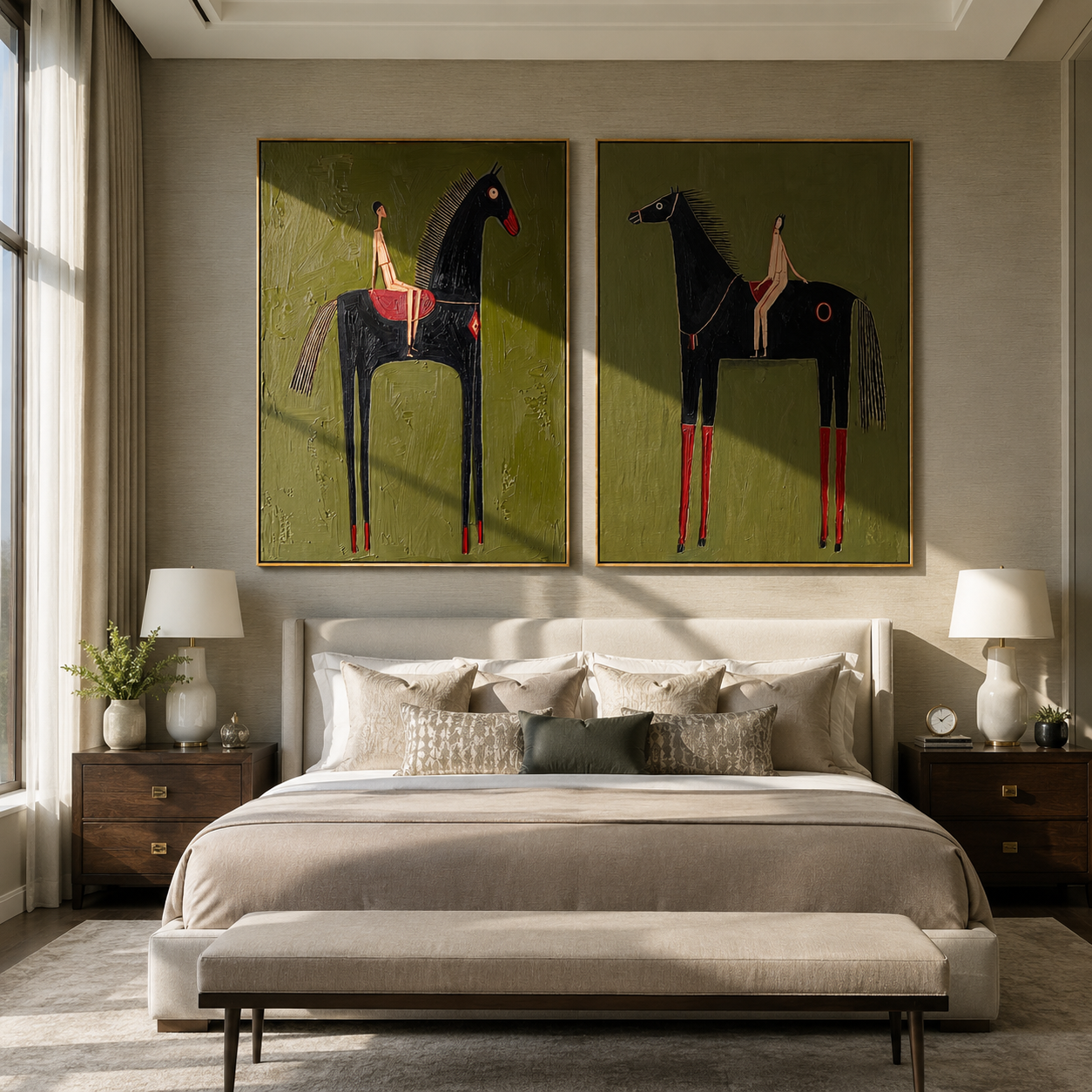 Long Horses Carry Calm - elongated rider horses by Elliot Vale, modern figurative set of 2 wall art - styled room scene view 1