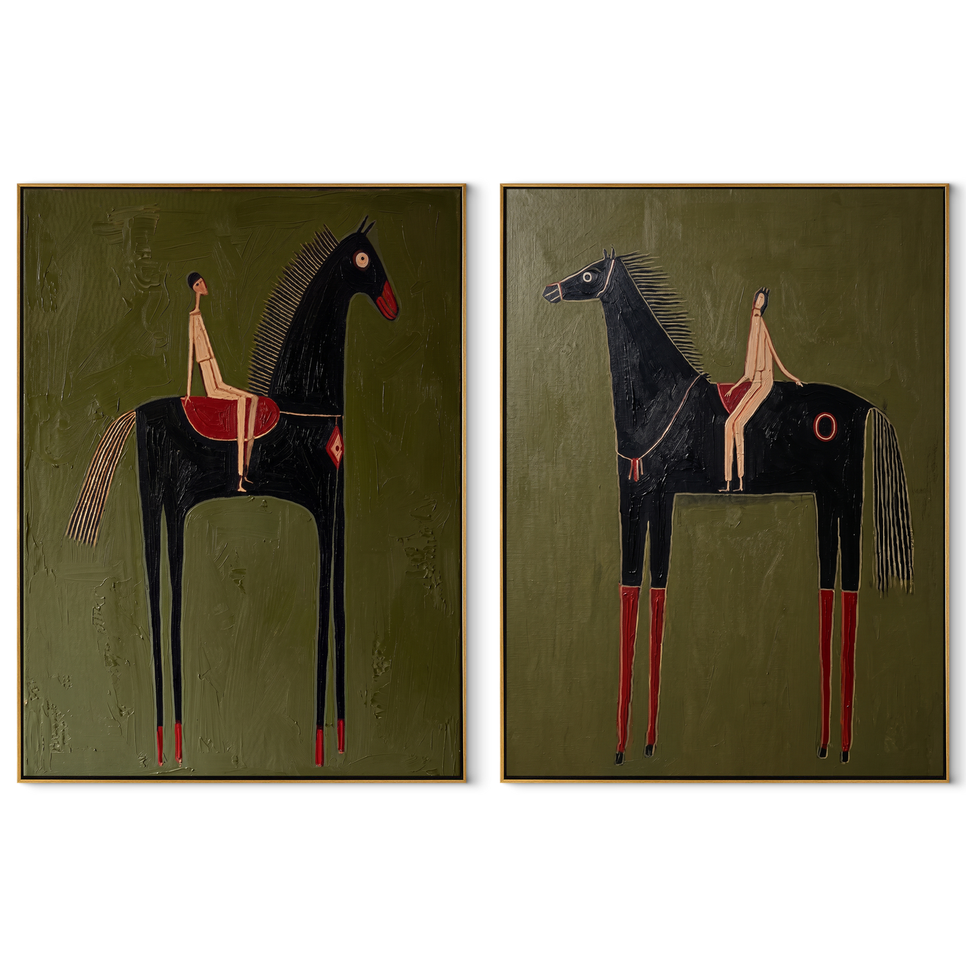 Long Horses Carry Calm - elongated rider horses by Elliot Vale, modern figurative set of 2 wall art - complete two-panel artwork set on white background