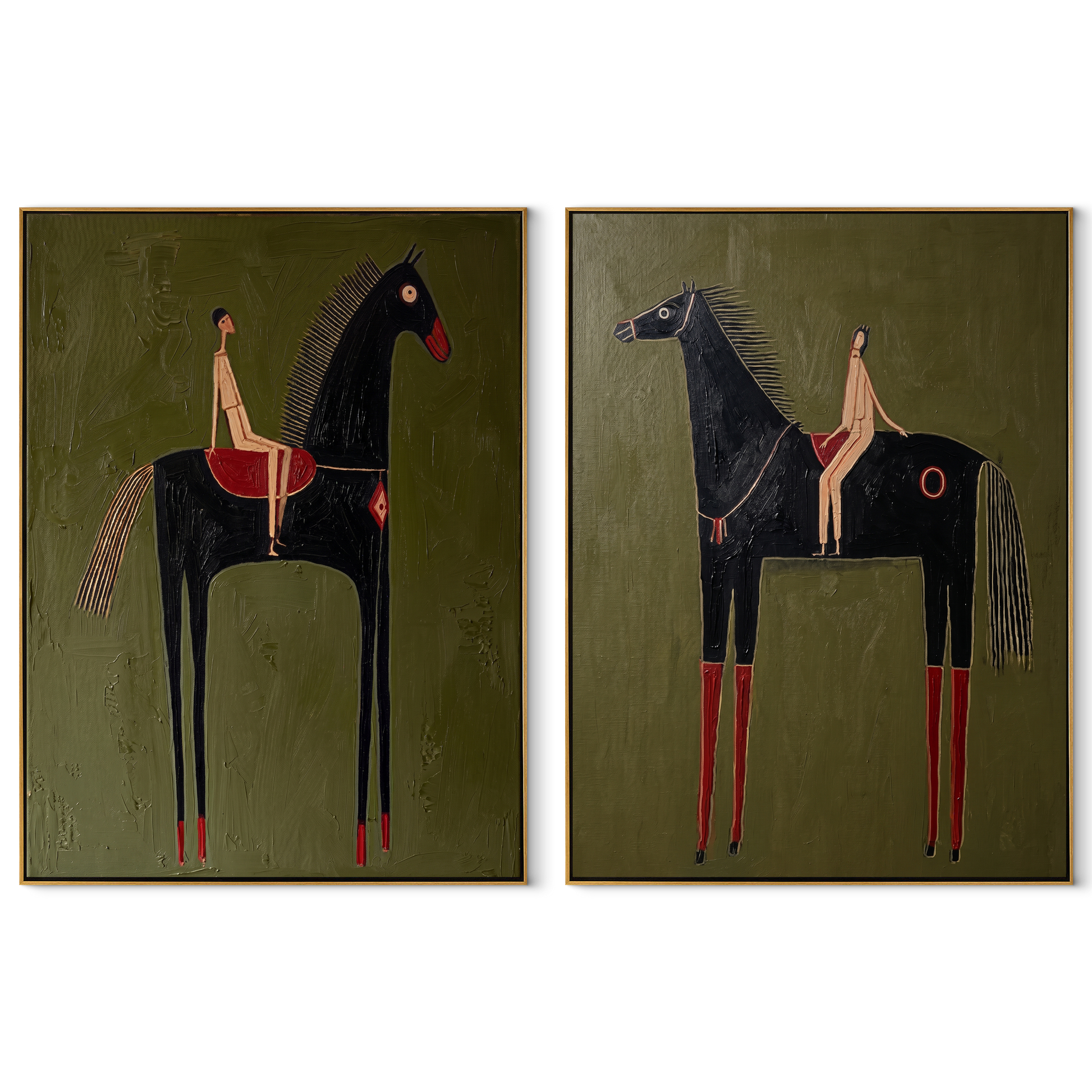 Long Horses Carry Calm - elongated rider horses by Elliot Vale, modern figurative set of 2 wall art - complete two-panel artwork set on white background