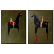 Long Horses Carry Calm - elongated rider horses by Elliot Vale, modern figurative set of 2 wall art - complete two-panel artwork set on white background