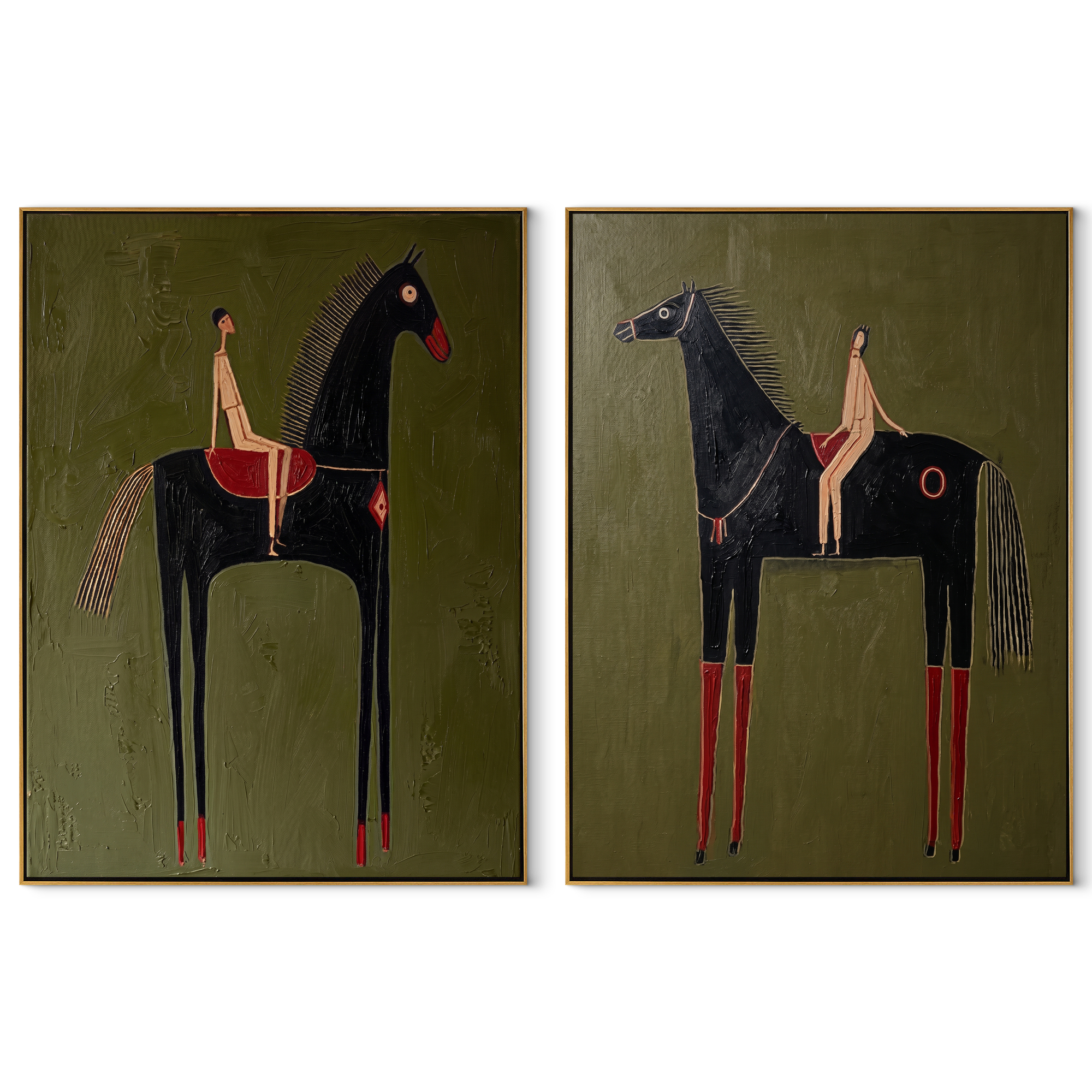 Long Horses Carry Calm - elongated rider horses by Elliot Vale, modern figurative set of 2 wall art - complete two-panel artwork set on white background