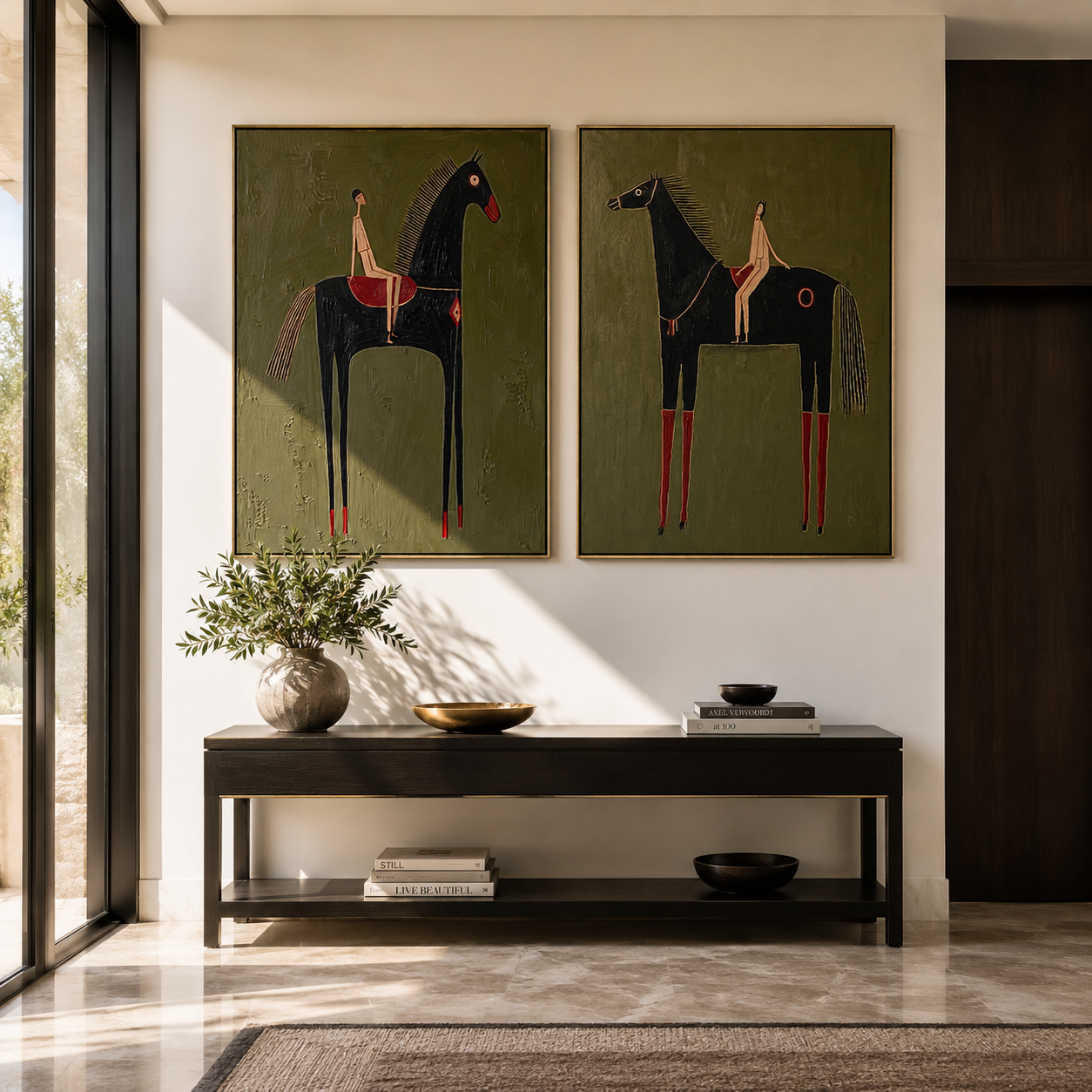 Long Horses Carry Calm - elongated rider horses by Elliot Vale, modern figurative set of 2 wall art - styled room scene view 2