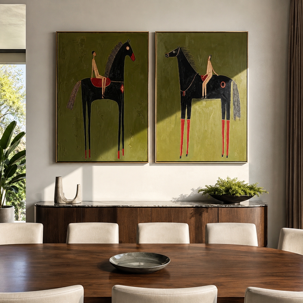 Long Horses Carry Calm - elongated rider horses by Elliot Vale, modern figurative set of 2 wall art - styled room scene view 3