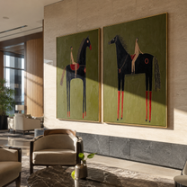 Long Horses Carry Calm - elongated rider horses by Elliot Vale, modern figurative set of 2 wall art - styled room scene view 4