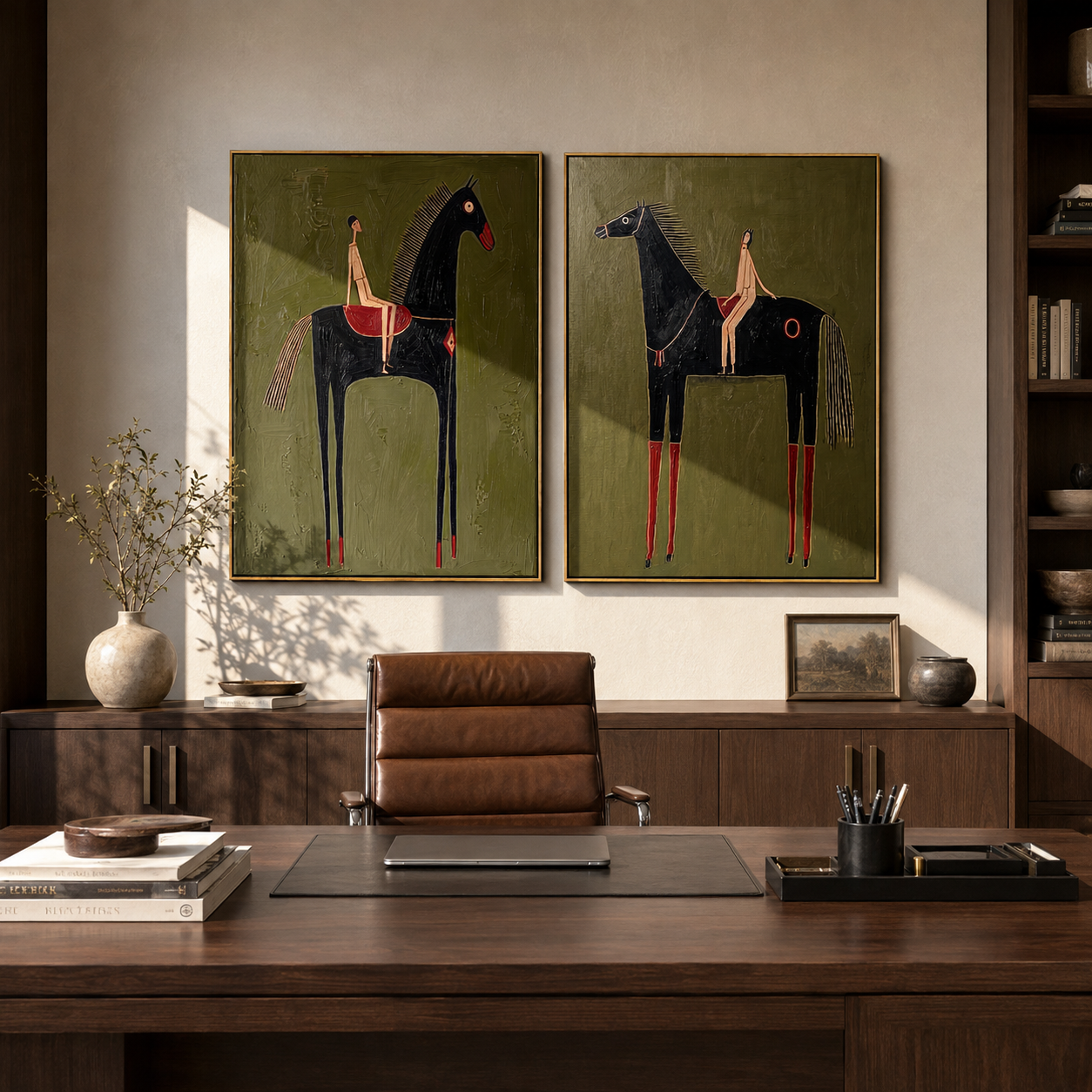 Long Horses Carry Calm - elongated rider horses by Elliot Vale, modern figurative set of 2 wall art - styled room scene view 5