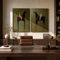 Long Horses Carry Calm - elongated rider horses by Elliot Vale, modern figurative set of 2 wall art - styled room scene view 5