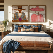 Quiet Cups Meet Brims - seated cup figures by Elliot Vale, modern figurative set of 2 wall art - styled room scene view 1
