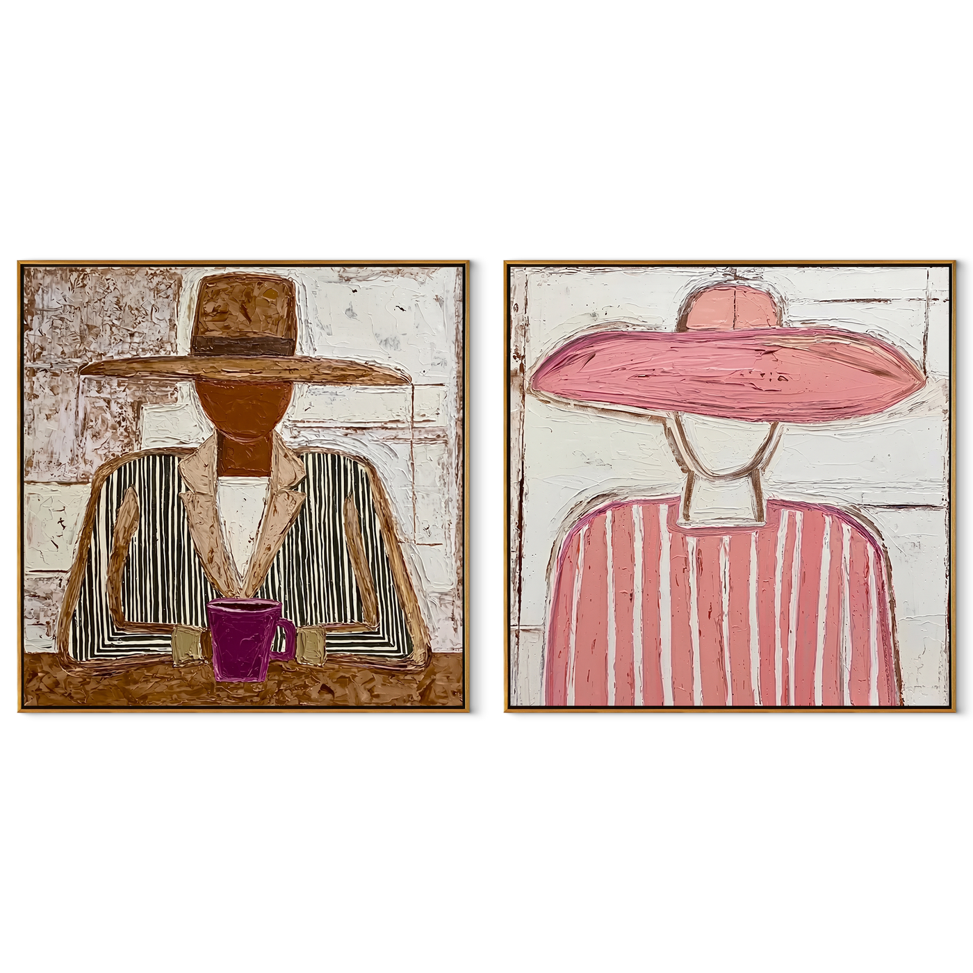 Quiet Cups Meet Brims - seated cup figures by Elliot Vale, modern figurative set of 2 wall art - complete two-panel artwork set on white background