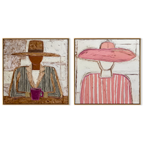 Quiet Cups Meet Brims - seated cup figures by Elliot Vale, modern figurative set of 2 wall art - complete two-panel artwork set on white background