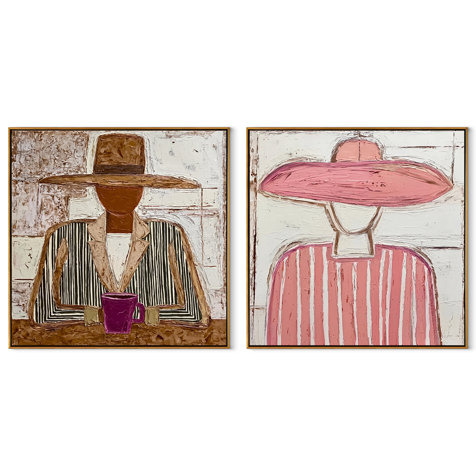 Quiet Cups Meet Brims - seated cup figures by Elliot Vale, modern figurative set of 2 wall art - complete two-panel artwork set on white background