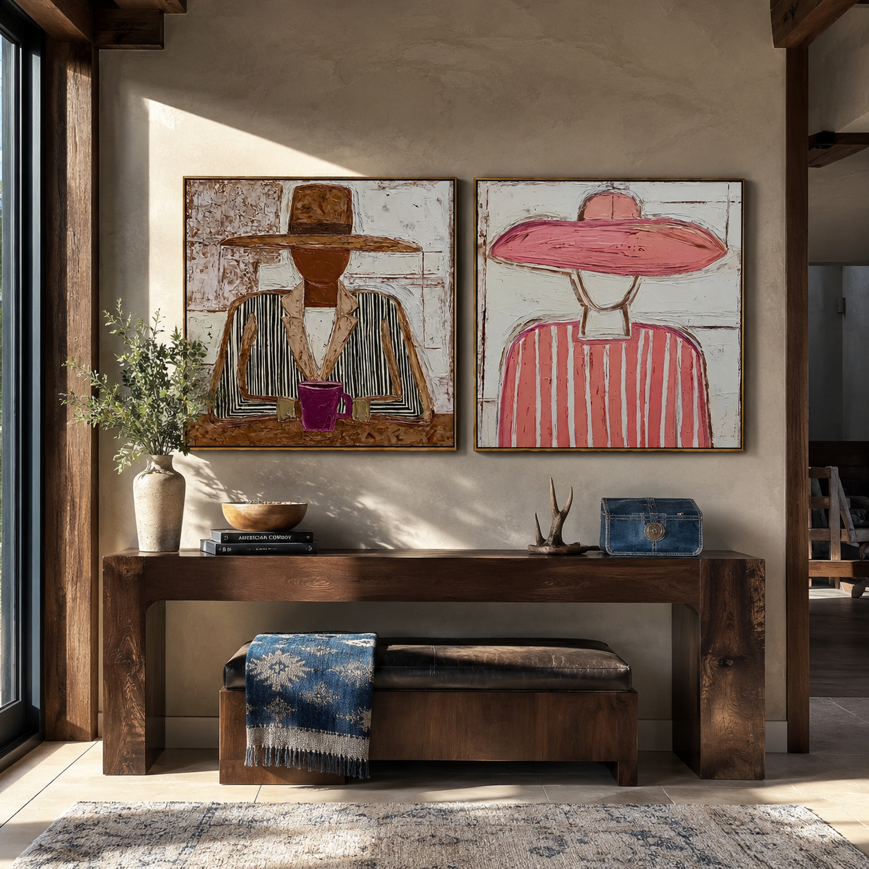 Quiet Cups Meet Brims - seated cup figures by Elliot Vale, modern figurative set of 2 wall art - styled room scene view 2