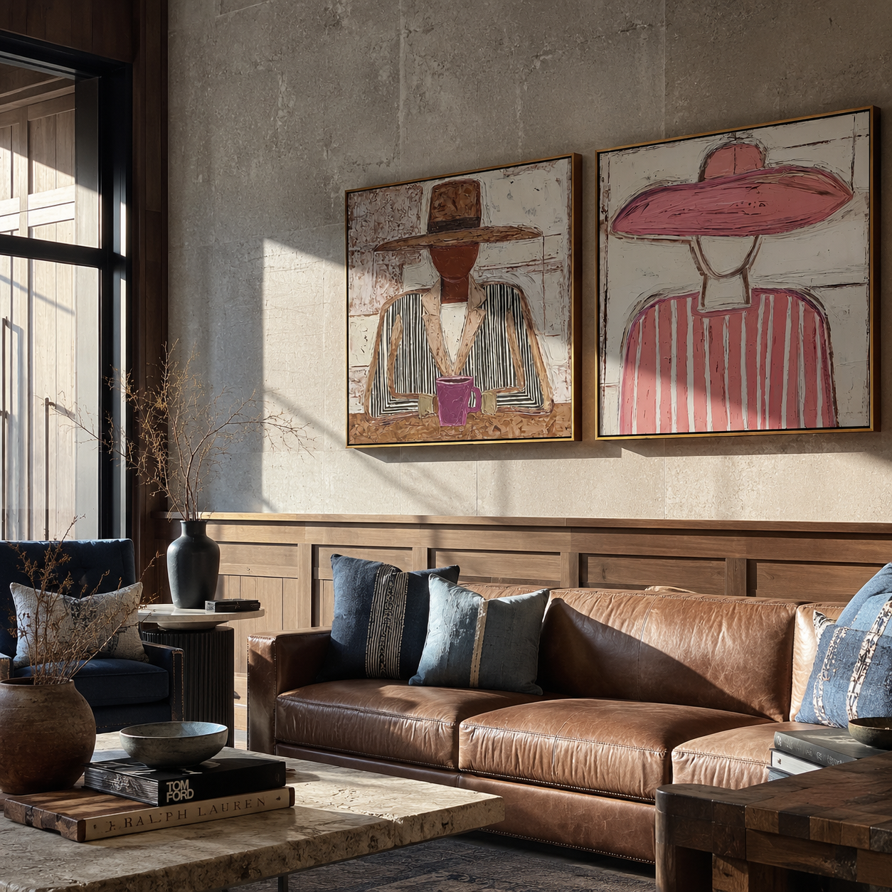Quiet Cups Meet Brims - seated cup figures by Elliot Vale, modern figurative set of 2 wall art - styled room scene view 4